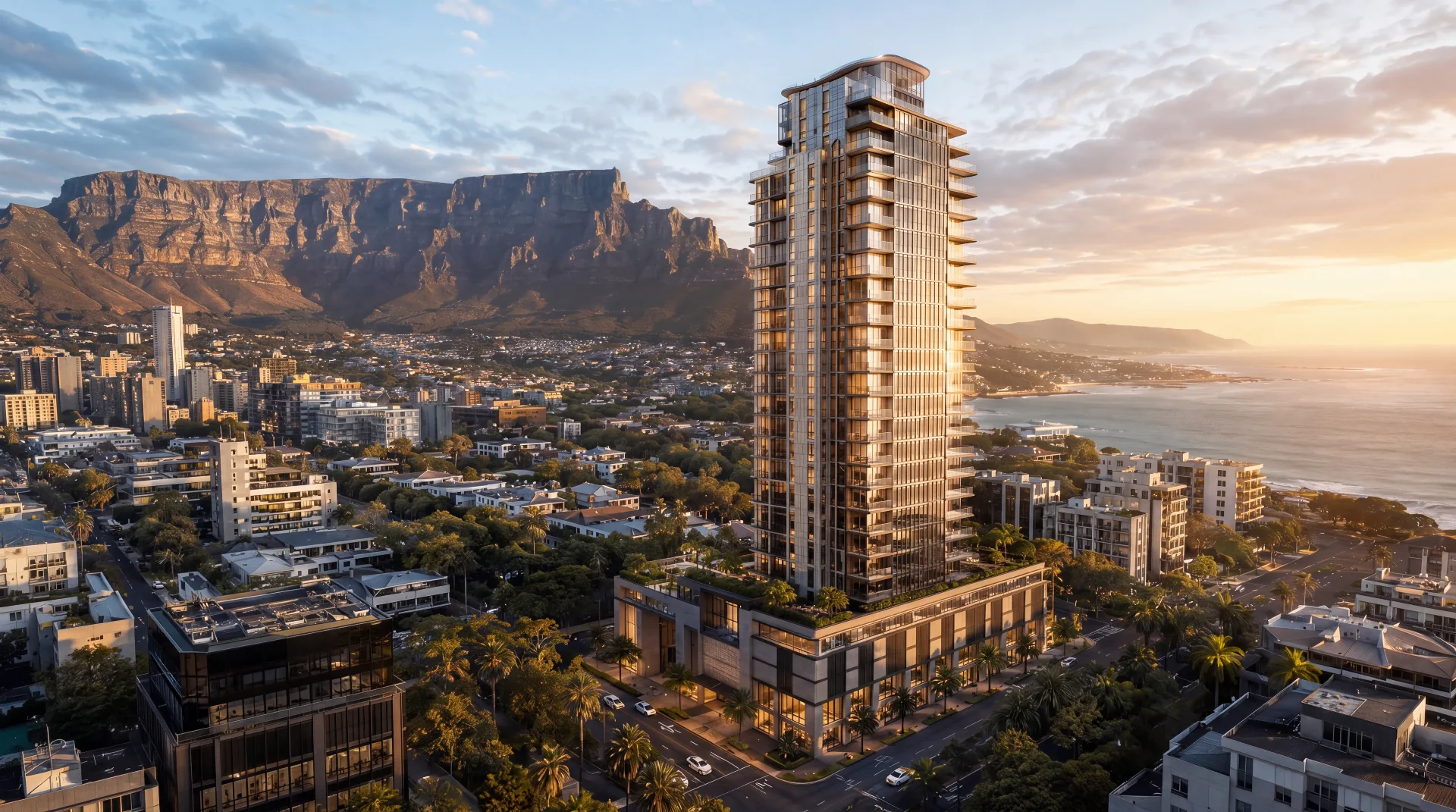 Cinematic architectural render of a luxury tower at dusk